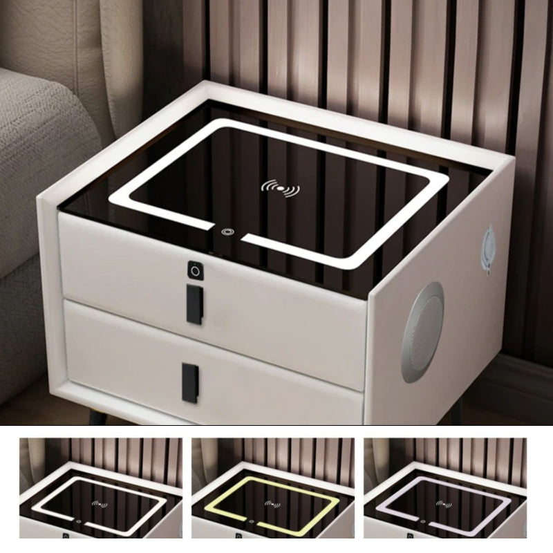 Wood Smart Bedside Table Simple USB LED Nightstand Bedroom