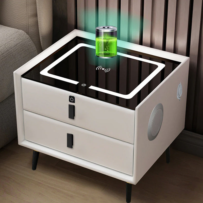 Wood Smart Bedside Table Simple USB LED Nightstand Bedroom
