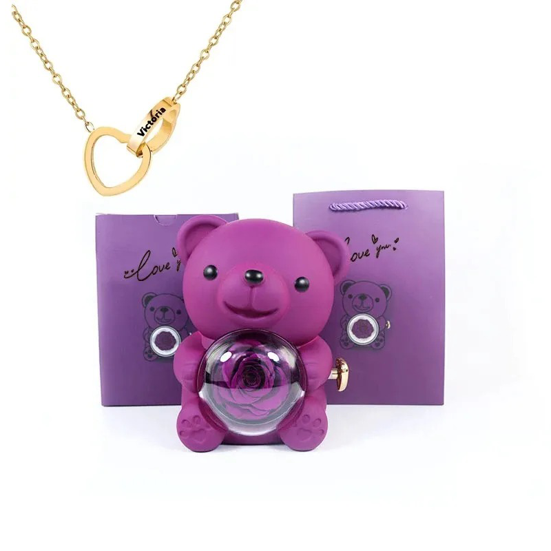 Preserved Eternal Rose Bear Box & Customized Necklace for Mom,Wife, Girlfriend and Grandma on Valentines Mothers Day Christmas