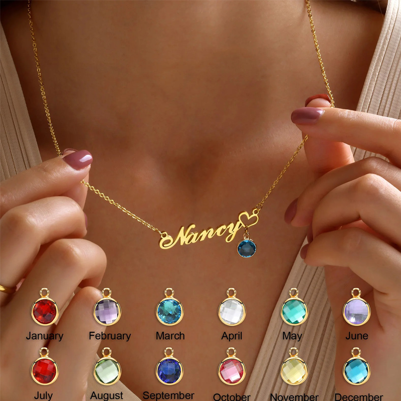 Womens Name Necklaces Pendant With Birthstone, Customized Any Name,Personalized Birthday Gift