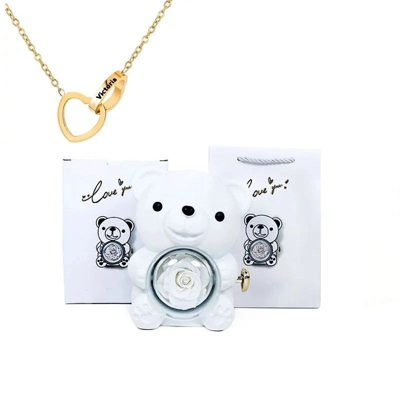 Preserved Eternal Rose Bear Box & Customized Necklace for Mom,Wife, Girlfriend and Grandma on Valentines Mothers Day Christmas