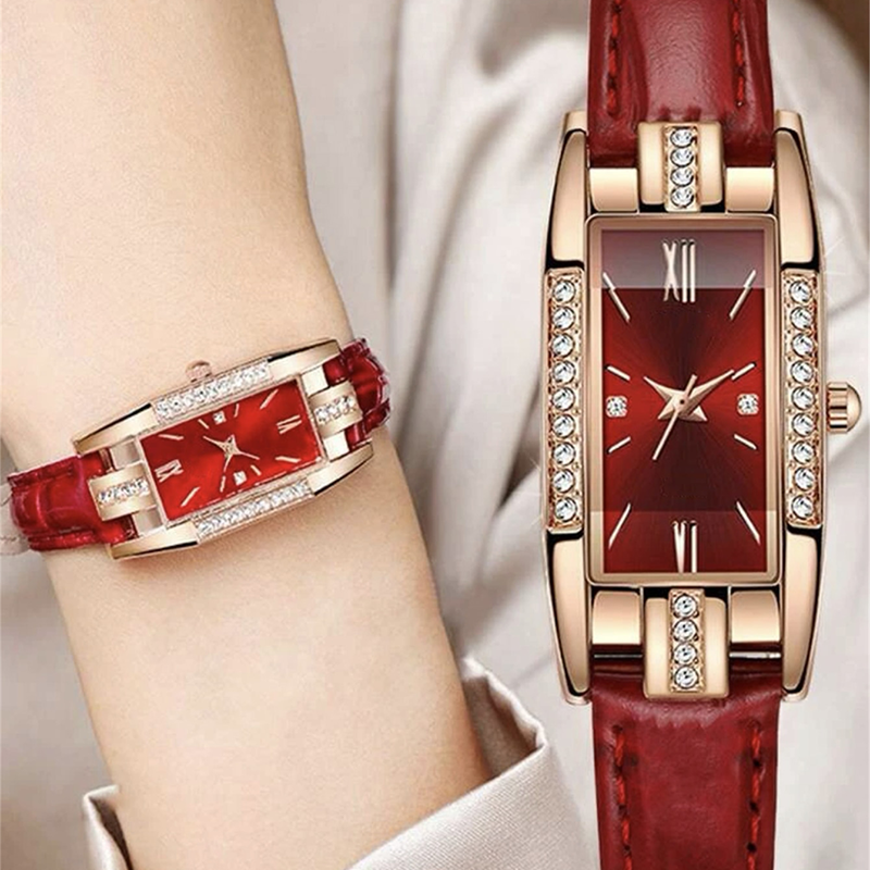 Set Fashion Women Leather Quartz Watch Necklace Earrings Bracelet
