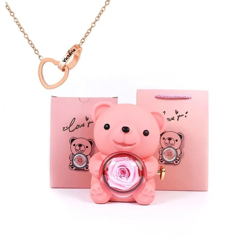 Preserved Eternal Rose Bear Box & Customized Necklace for Mom,Wife, Girlfriend and Grandma on Valentines Mothers Day Christmas