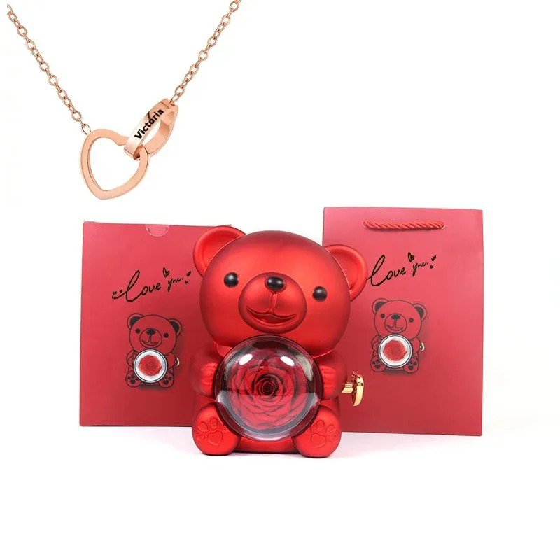 Preserved Eternal Rose Bear Box & Customized Necklace for Mom,Wife, Girlfriend and Grandma on Valentines Mothers Day Christmas