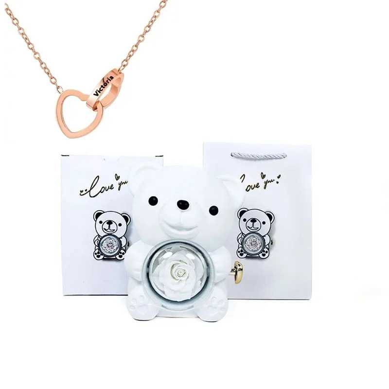Preserved Eternal Rose Bear Box & Customized Necklace for Mom,Wife, Girlfriend and Grandma on Valentines Mothers Day Christmas