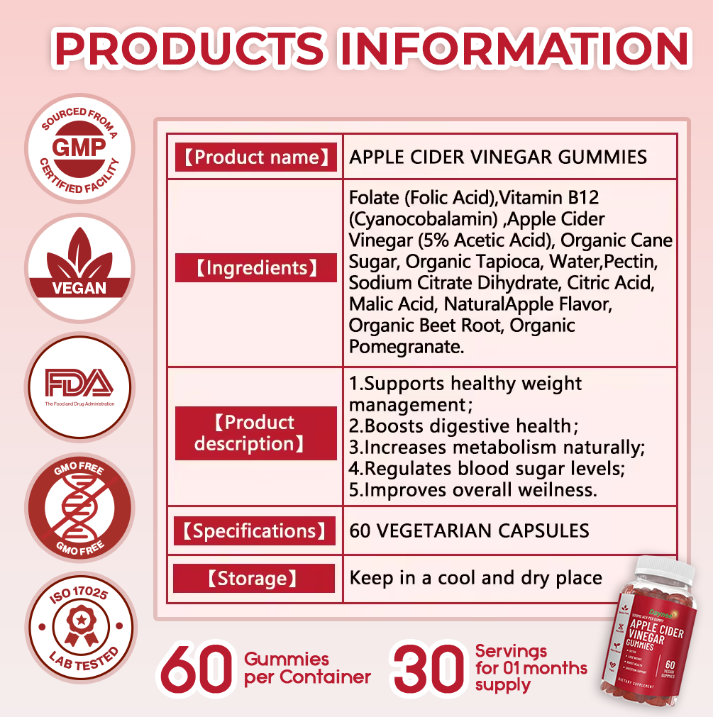 Daynee Apple Cinder Vinegar Gummies | Dietary Supplement for Energy and Health Support