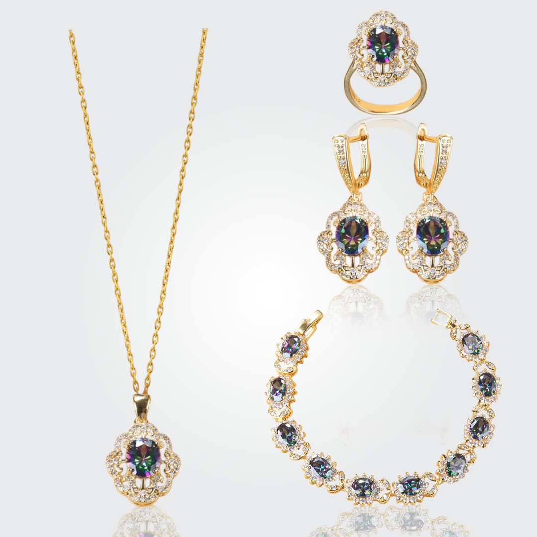 Aurora Gold Plated Hand - Crafted Gemstone Pendant Earring Bracelet & Ring Set For Women