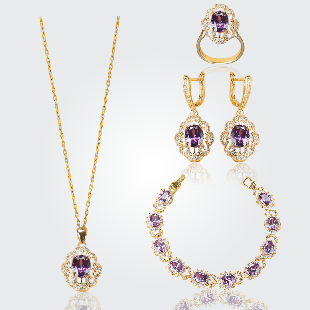 Aurora Gold Plated Hand - Crafted Gemstone Pendant Earring Bracelet & Ring Set For Women