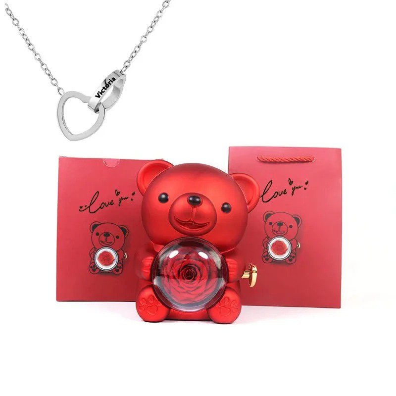 Preserved Eternal Rose Bear Box & Customized Necklace for Mom,Wife, Girlfriend and Grandma on Valentines Mothers Day Christmas