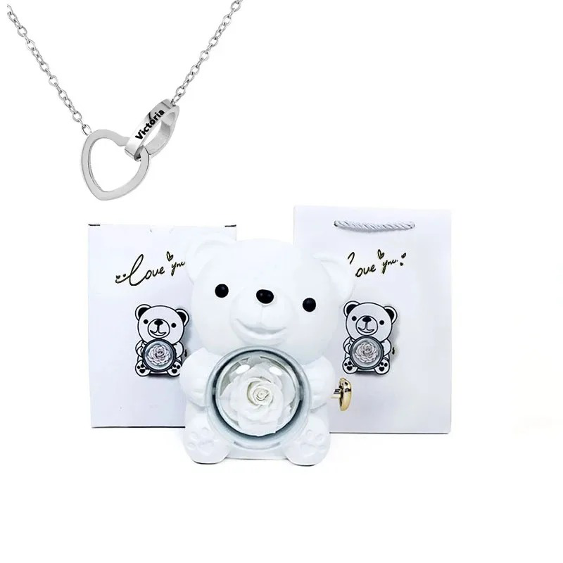 Preserved Eternal Rose Bear Box & Customized Necklace for Mom,Wife, Girlfriend and Grandma on Valentines Mothers Day Christmas