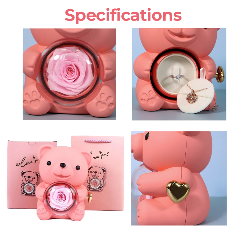 Preserved Eternal Rose Bear Box & Customized Necklace for Mom,Wife, Girlfriend and Grandma on Valentines Mothers Day Christmas
