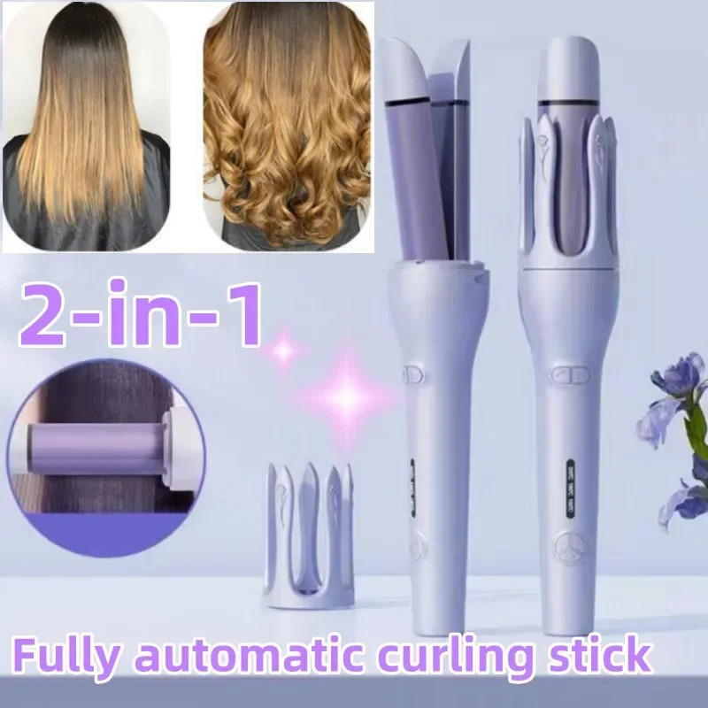 2-in-1 Automatic Hair Curler & Straightener 360° Rotating Wand for Medium & Long Hair Tangle-free Anti-Scald