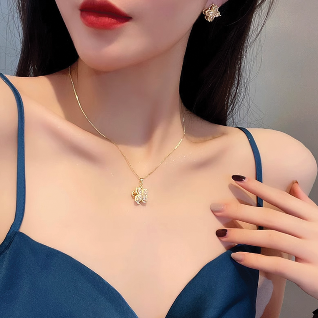 Women Gold & Silver Plated Lucky Four-Leaf Rotating Design Jewelry Set