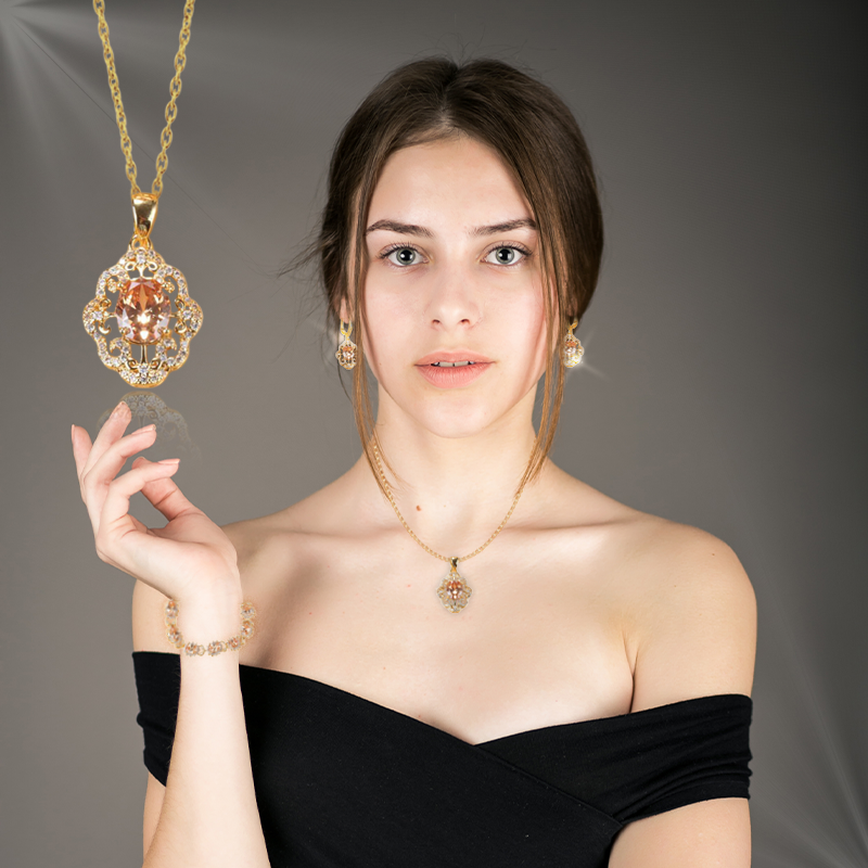 Aurora Gold Plated Hand - Crafted Gemstone Pendant Earring Bracelet & Ring Set For Women