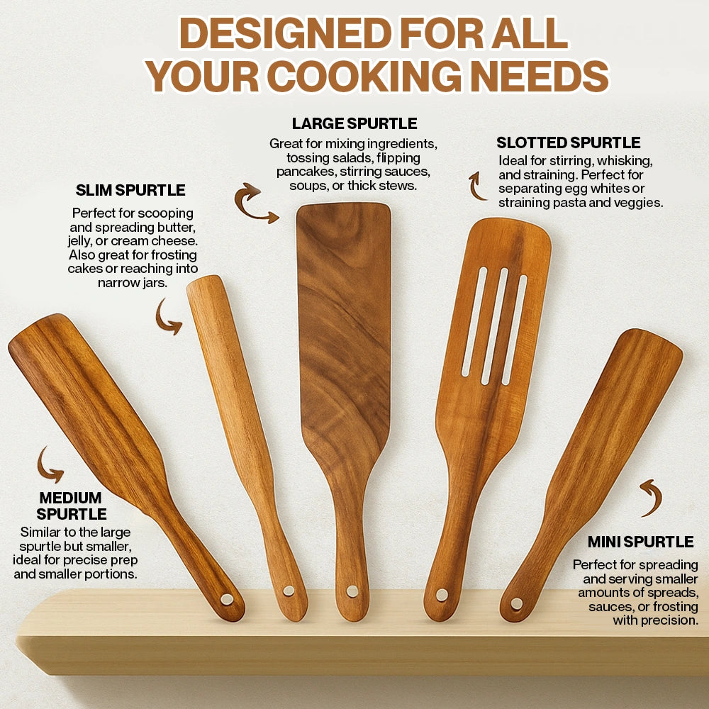 Wooden Spurtle & Spatula Set – Non-Stick, Perfect for Serving, Stirring, Flipping, Mixing & Scooping