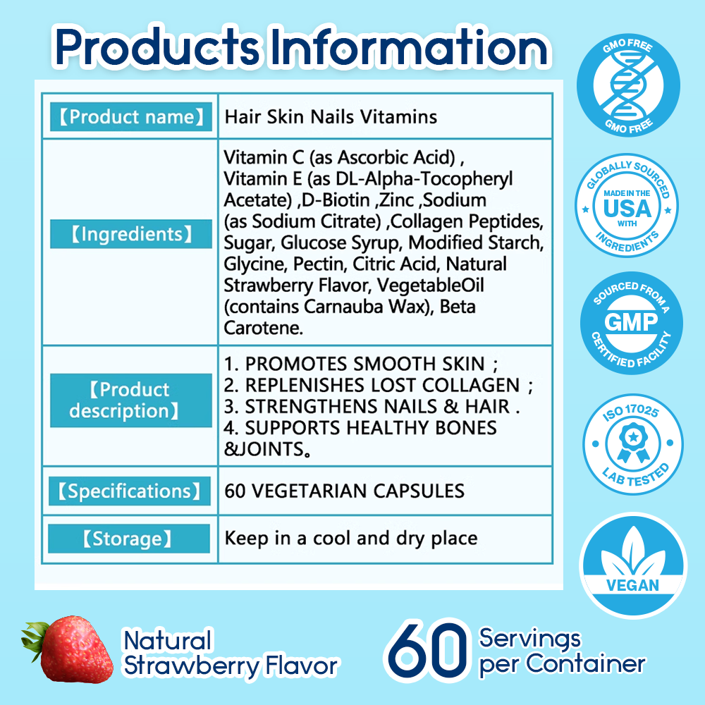 Daynee Hair Skin Nails Vitamins Gummies | Dietary Supplement for Collagen Replenishment and Hair/Nails/Skin Improvement