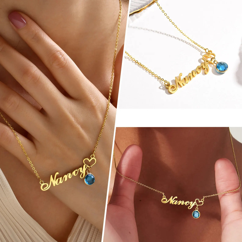Womens Name Necklaces Pendant With Birthstone, Customized Any Name,Personalized Birthday Gift