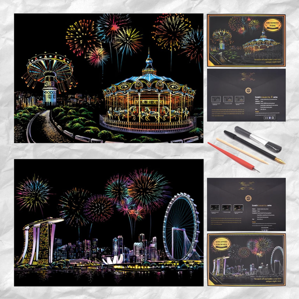 Scratch Art Painting Kits for Adults & Kids, Rainbow Painting Sketch Night View Scratchboard