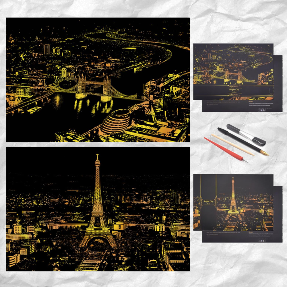 Scratch Art Painting Kits for Adults & Kids, Rainbow Painting Sketch Night View Scratchboard
