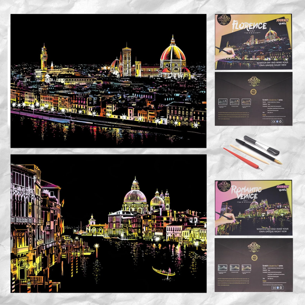 Scratch Art Painting Kits for Adults & Kids, Rainbow Painting Sketch Night View Scratchboard