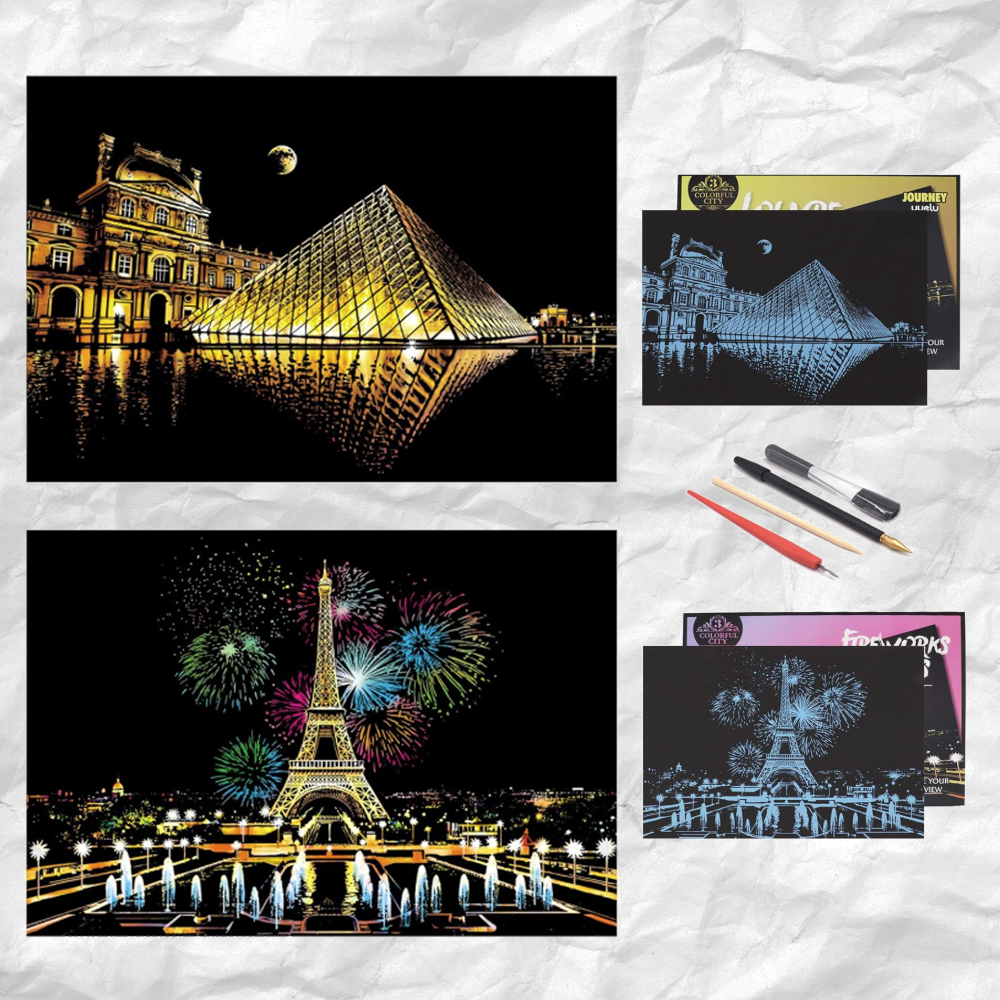 Scratch Art Painting Kits for Adults & Kids, Rainbow Painting Sketch Night View Scratchboard