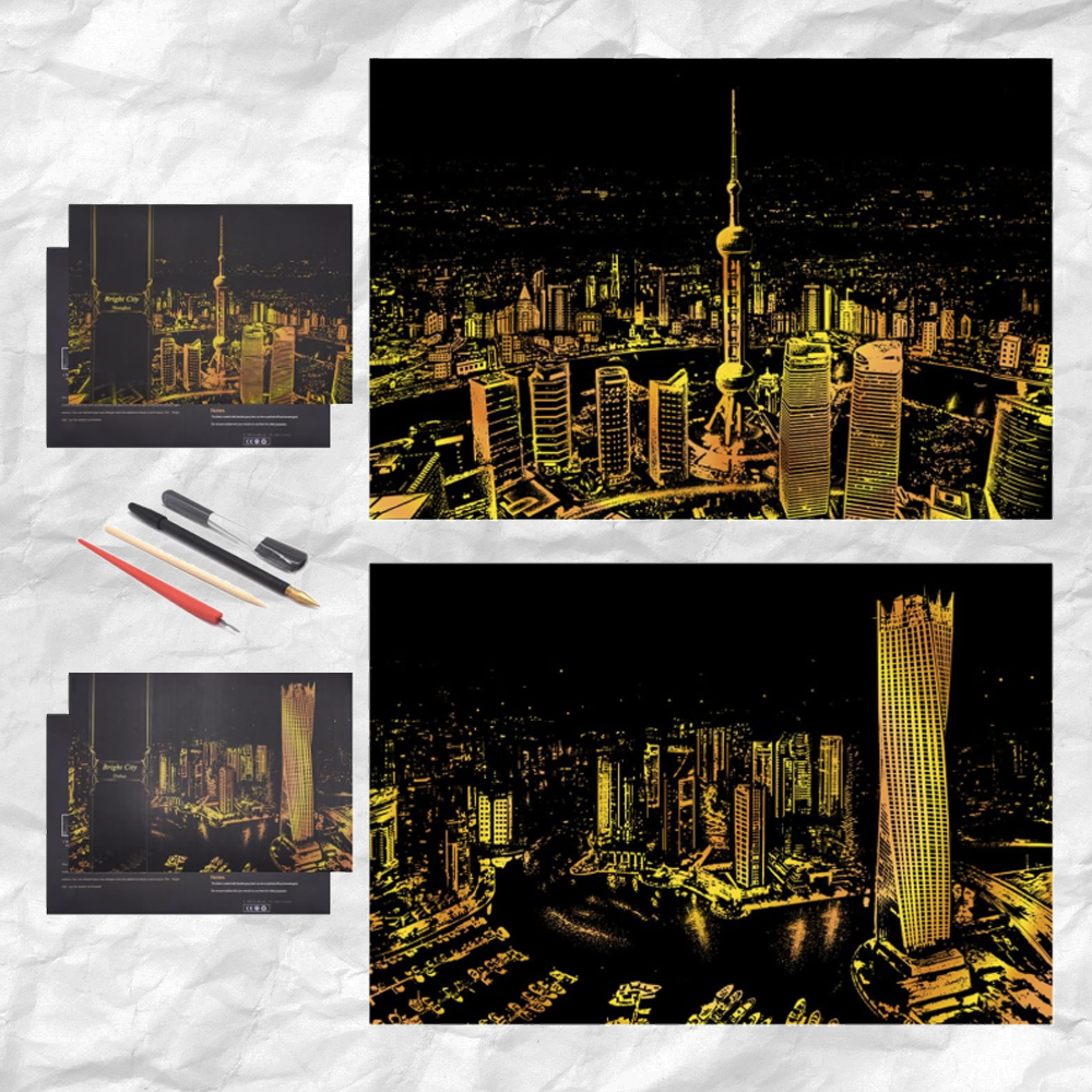 Scratch Art Painting Kits for Adults & Kids, Rainbow Painting Sketch Night View Scratchboard