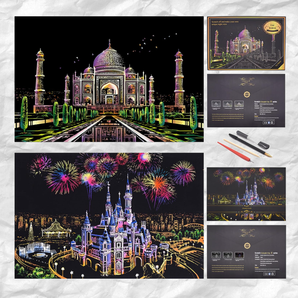 Scratch Art Painting Kits for Adults & Kids, Rainbow Painting Sketch Night View Scratchboard