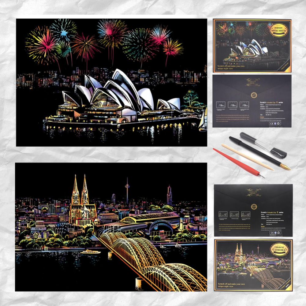 Scratch Art Painting Kits for Adults & Kids, Rainbow Painting Sketch Night View Scratchboard