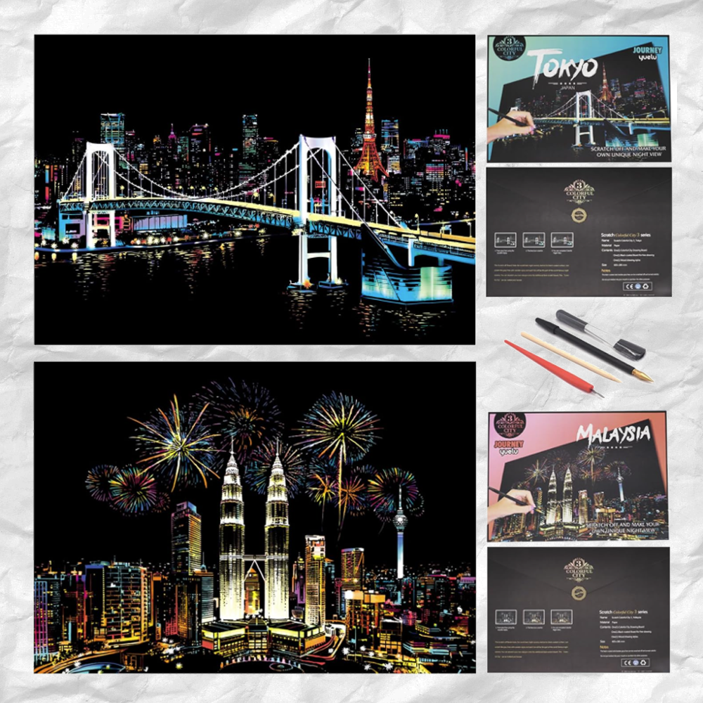 Scratch Art Painting Kits for Adults & Kids, Rainbow Painting Sketch Night View Scratchboard