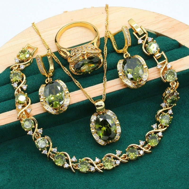 Castor 18K Yellow Gold Peridot Ruby Pendant Earring Bracelet & Ring Set For Women