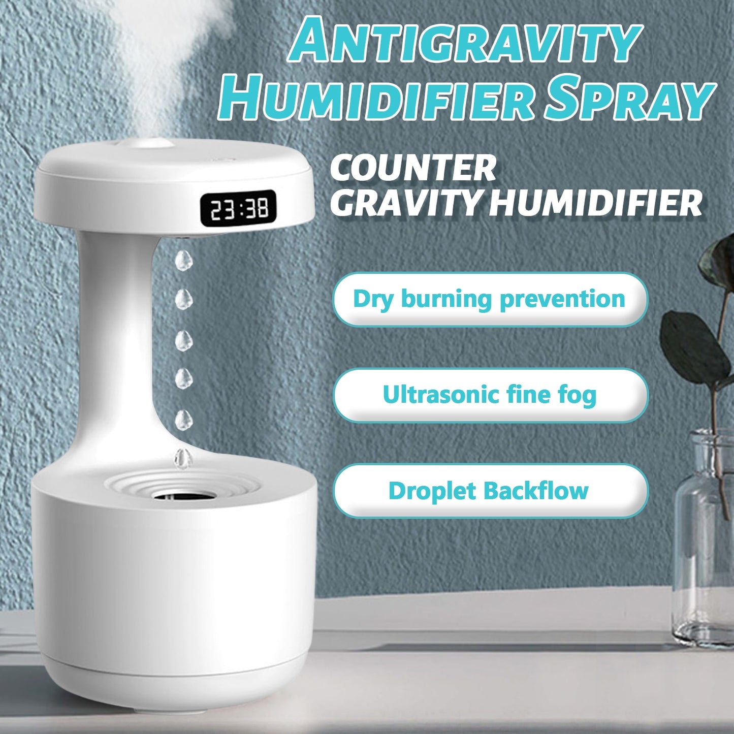 Anti-Gravity Water Droplets Air Humidifier Cool Mist Maker Fogger with LED Display