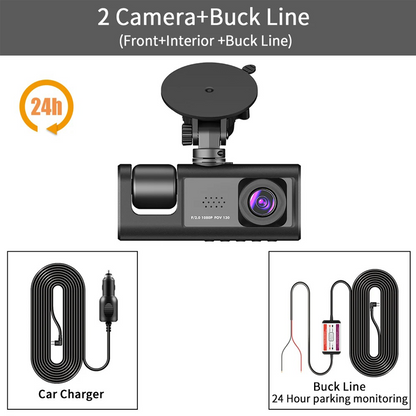 3 Channel Rear DVR HD 1080P Wide Angle Dashboard Cam for Night Vision, Loop Recording, Parking Recording