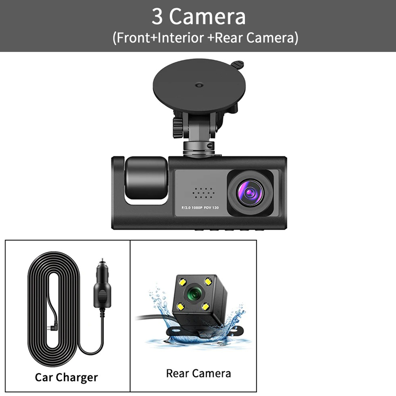 3 Channel Rear DVR HD 1080P Wide Angle Dashboard Cam for Night Vision, Loop Recording, Parking Recording