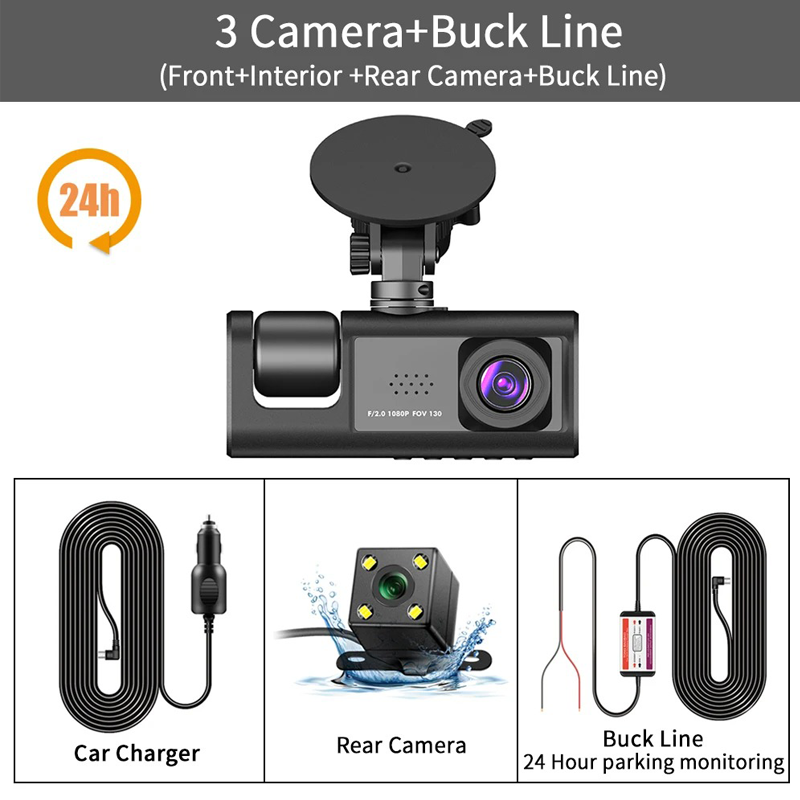 3 Channel Rear DVR HD 1080P Wide Angle Dashboard Cam for Night Vision, Loop Recording, Parking Recording