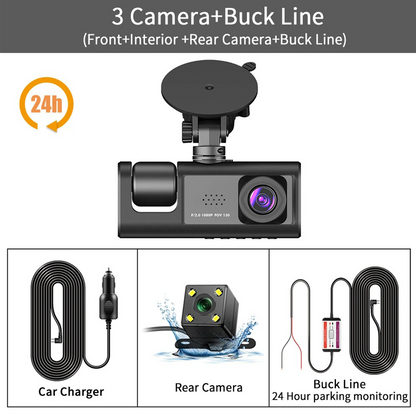 3 Channel Rear DVR HD 1080P Wide Angle Dashboard Cam for Night Vision, Loop Recording, Parking Recording