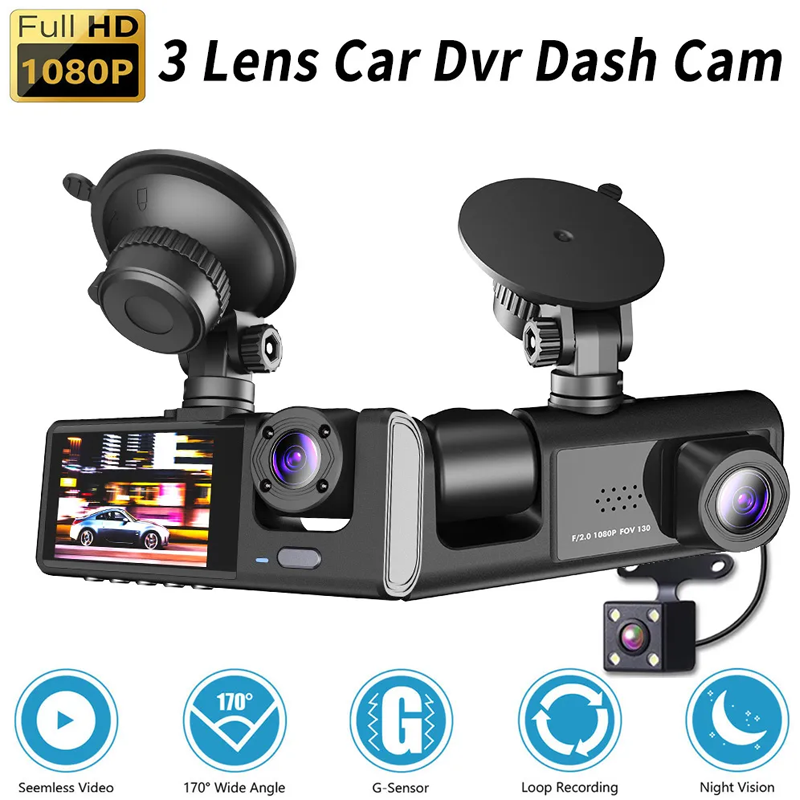 3 Channel Rear DVR HD 1080P Wide Angle Dashboard Cam for Night Vision, Loop Recording, Parking Recording