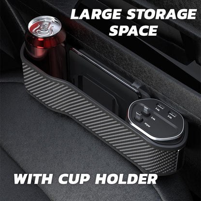 Multifunctional Car Front Seat Gap Filler Storage Box with Dual USB Ports, Type C, IOS Fast Charging Cables and Cup Holder