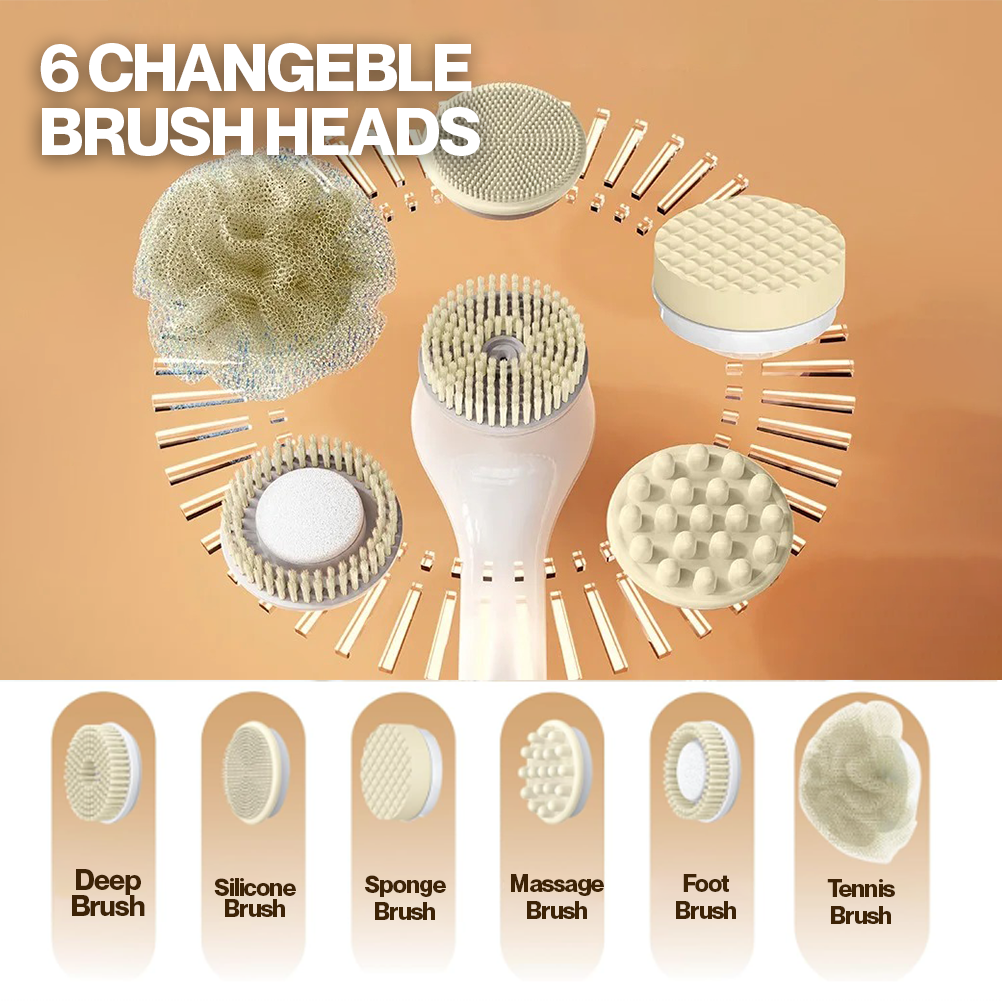 Water-proof Rechargeable 360° Exfoliating Body Scrubber with 6 Brush Heads