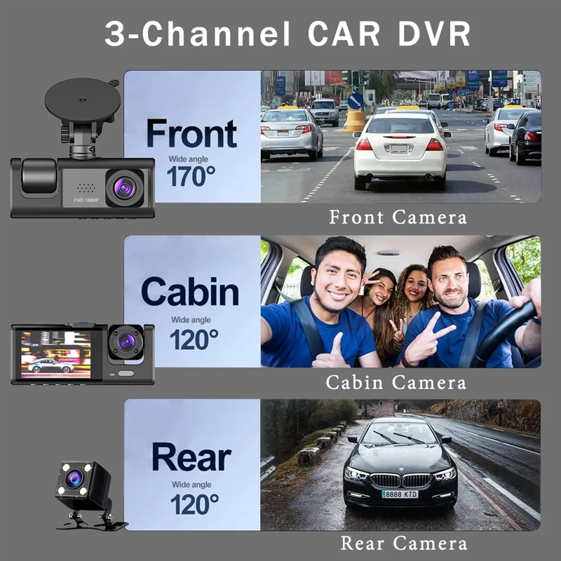 3 Channel Rear DVR HD 1080P Wide Angle Dashboard Cam for Night Vision, Loop Recording, Parking Recording