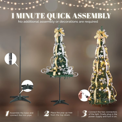 Pre-Lit Foldable Gold & Silver Christmas Tree – Effortless Setup, Elegant Design, and Compact Storage