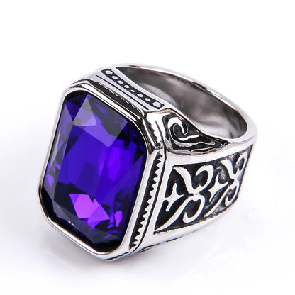 Avis Cubic Zirconia Stainless Steel Hand-crafted Gemstone Birthstone Vintage Carved Ring For Women & Men