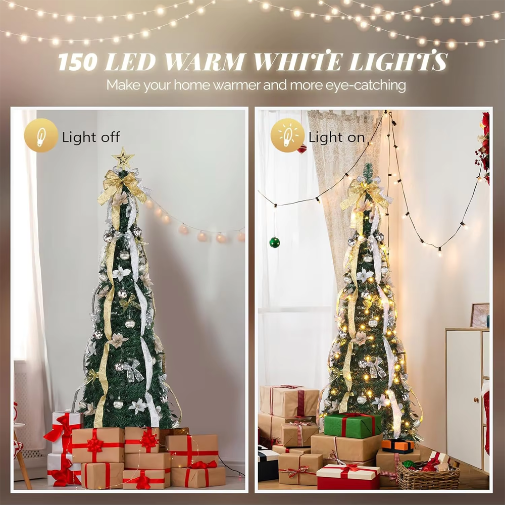 Pre-Lit Foldable Gold & Silver Christmas Tree – Effortless Setup, Elegant Design, and Compact Storage