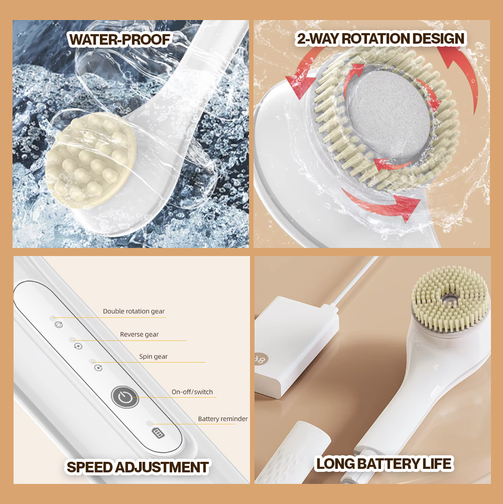 Water-proof Rechargeable 360° Exfoliating Body Scrubber with 6 Brush Heads