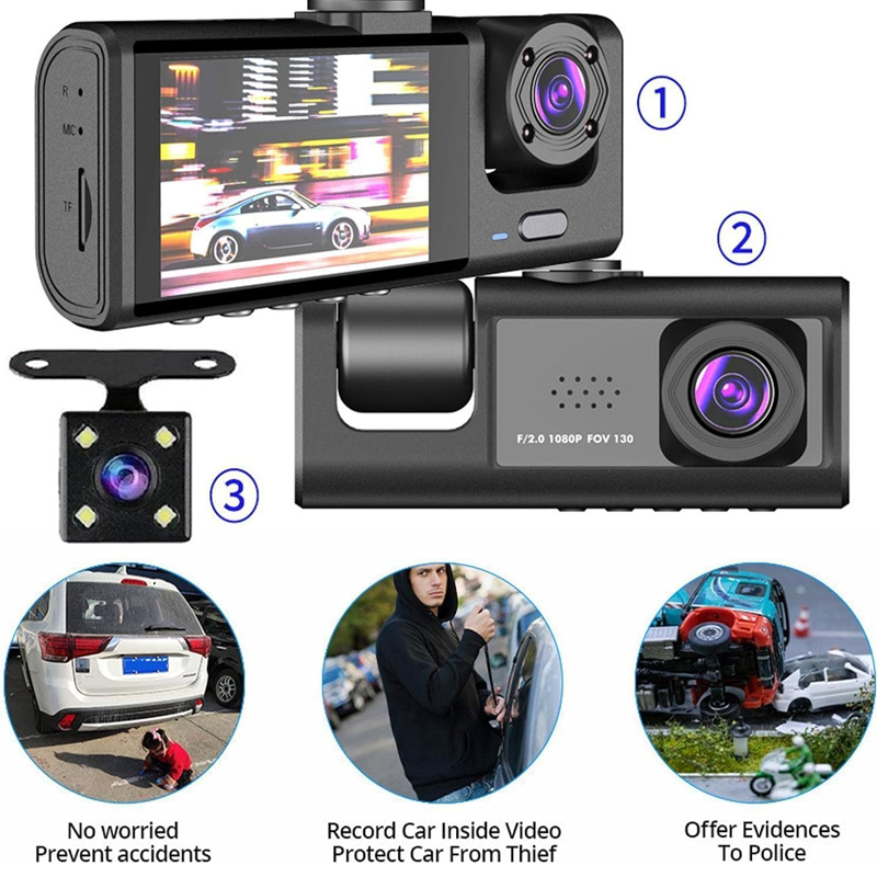 3 Channel Rear DVR HD 1080P Wide Angle Dashboard Cam for Night Vision, Loop Recording, Parking Recording