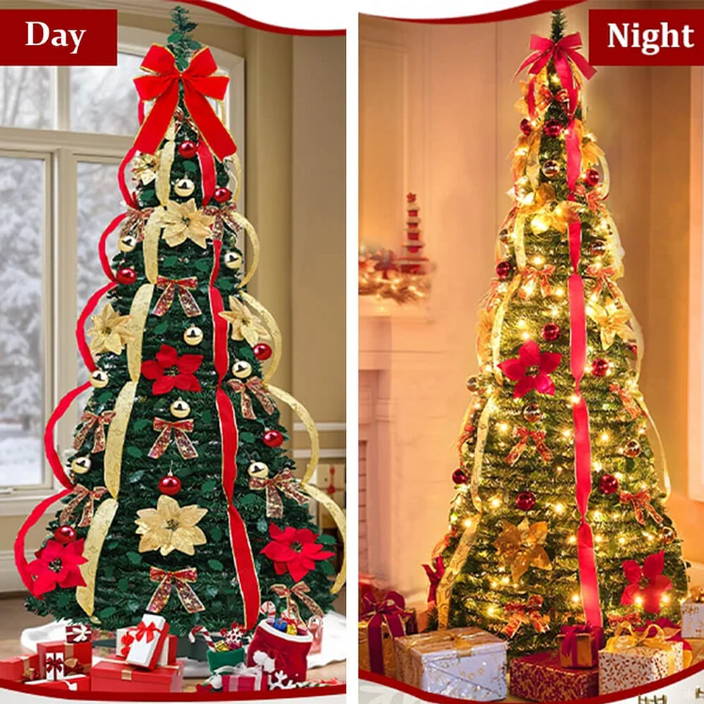 Pre-Lit Foldable Gold & Silver Christmas Tree – Effortless Setup, Elegant Design, and Compact Storage