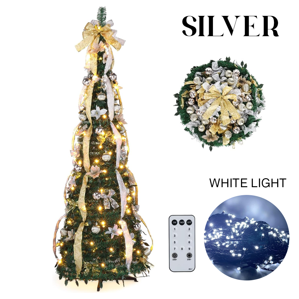 Pre-Lit Foldable Gold & Silver Christmas Tree – Effortless Setup, Elegant Design, and Compact Storage