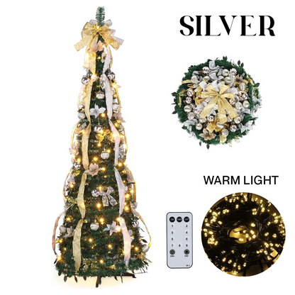 Pre-Lit Foldable Gold & Silver Christmas Tree – Effortless Setup, Elegant Design, and Compact Storage