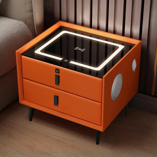 Wood Smart Bedside Table Simple USB LED Nightstand Bedroom